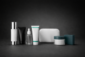 Im Vordergrund sind mehrere Kosmetikartikel aufgereiht. Der Hintergrund ist schwarz verwaschen.